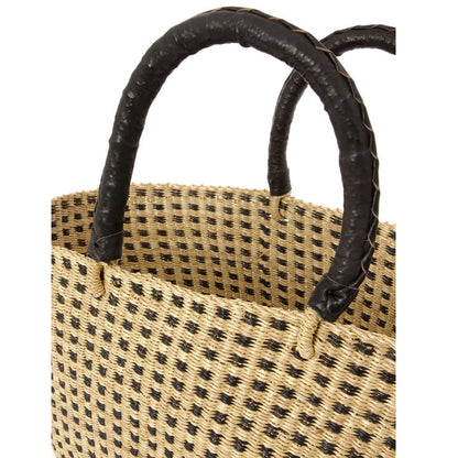 Bolga Elephant Grass Checked Shopper Tote, Handwoven in Ghana, Black/Natural