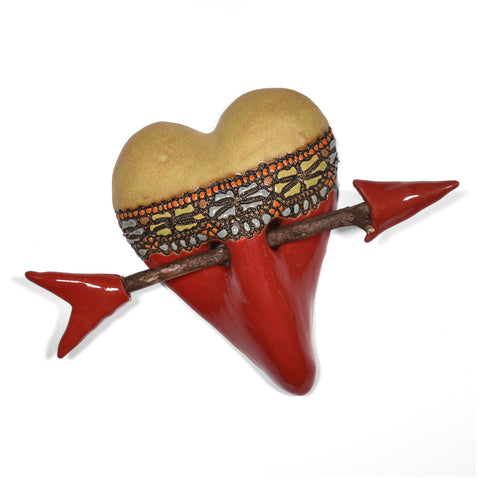 Laurie Pollpeter Eskenazi Little Harlequin with Arrow Ceramic Wall Heart in Red and Gold