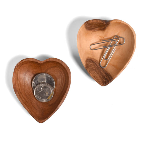 African Hand Carved Olive Wood Tiny Heart Bowls, Set of 2, Each One Unique