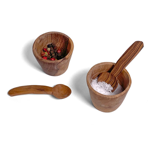 Rustic Olive Wood Salt and Pepper Pinch Pots with Spoons, Hand Carved in Kenya, Each One Unique