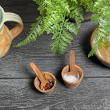 Rustic Olive Wood Salt and Pepper Pinch Pots with Spoons, Hand Carved in Kenya, Each One Unique