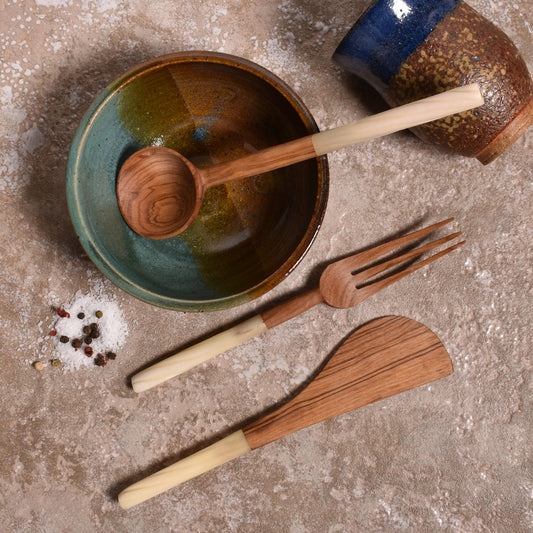African Olive Wood 3-piece Serving Set with Bone Handles, Handmade in Kenya