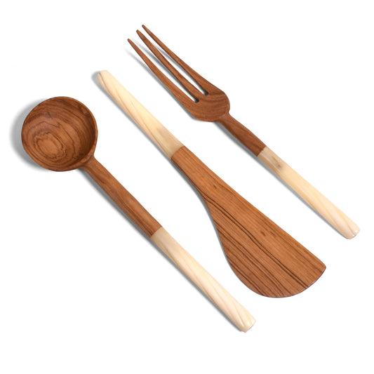 African Olive Wood 3-piece Serving Set with Bone Handles, Handmade in Kenya