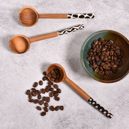 African Handmade Olive Wood Coffee Scoop with Painted Bone Handles in Random Patterns