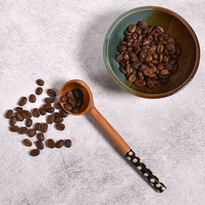 African Handmade Olive Wood Coffee Scoop with Painted Bone Handles in Random Patterns