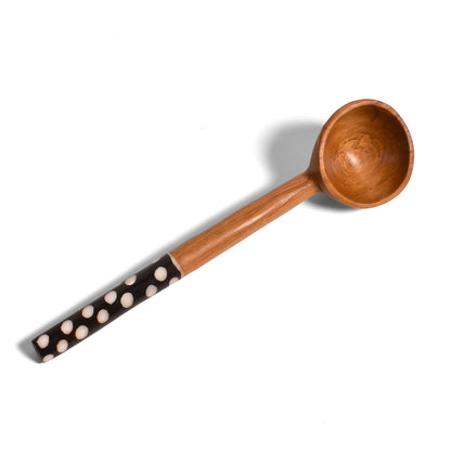 African Handmade Olive Wood Coffee Scoop with Painted Bone Handles in Random Patterns