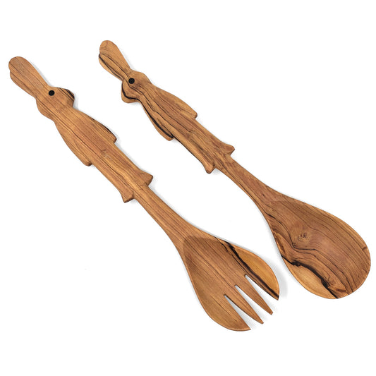 African Fair Trade Carved Mahogany Bunny Rabbit Salad Serving Set