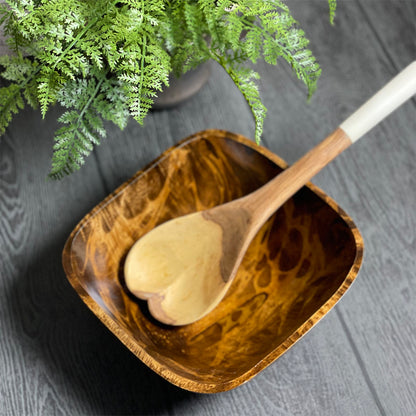Wild Olive Wood Heart-Shaped Spoon with Natural Bone Handle, Handmade in Kenya, Each One Unique