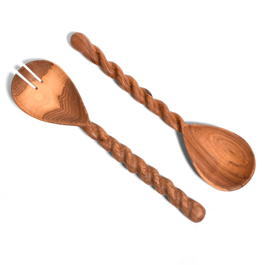 African Olive Wood Salad Serving Set with Spiral Handles, Hand Carved in Kenya by Fair Trade Artisans