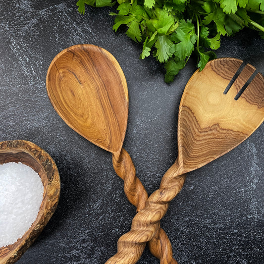 African Olive Wood Salad Serving Set with Spiral Handles, Hand Carved in Kenya by Fair Trade Artisans