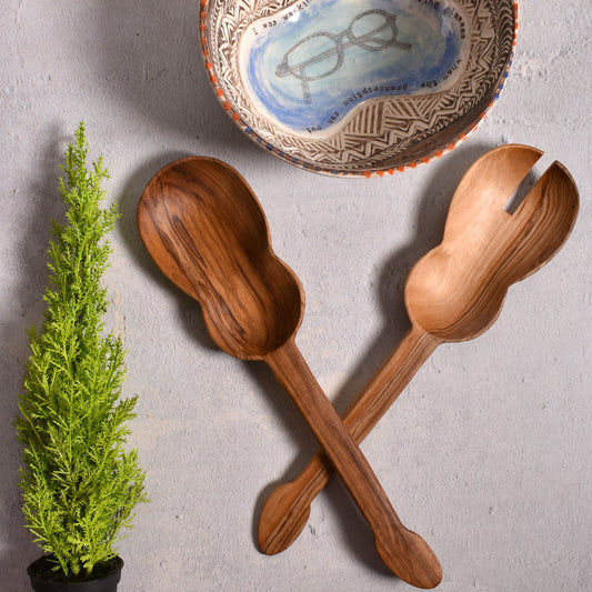 African Olive Wood Guitar Salad Serving Set, Hand Carved in Kenya by Fair Trade Artisans