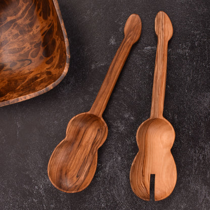 African Olive Wood Guitar Salad Serving Set, Hand Carved in Kenya by Fair Trade Artisans