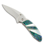 Santa Fe Stoneworks Kershaw Chive Ken Onion Pocketknife, Plain Blade, Azurite/Mother of Pearl Handle (Each One Unique)