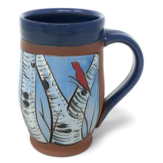 Jennifer Stas Pottery White Birch with Cardinals 16-ounce Mug, Blue/Multi