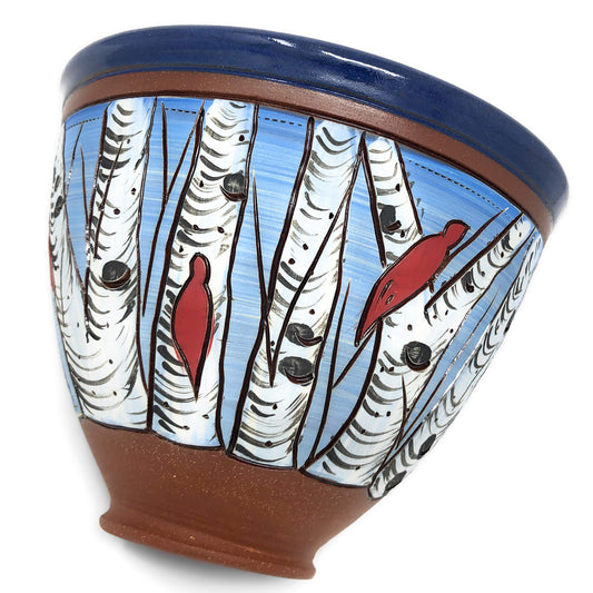 Jennifer Stas Pottery White Birch with Cardinals 7-inch Round Bowl, Blue/Multi