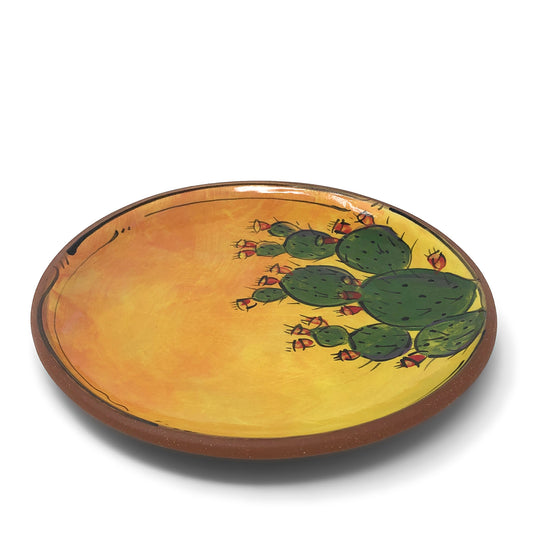 Jennifer Stas Pottery Prickly Pear Cactus 7-inch Round Terra Cotta Plate, Green/Multi