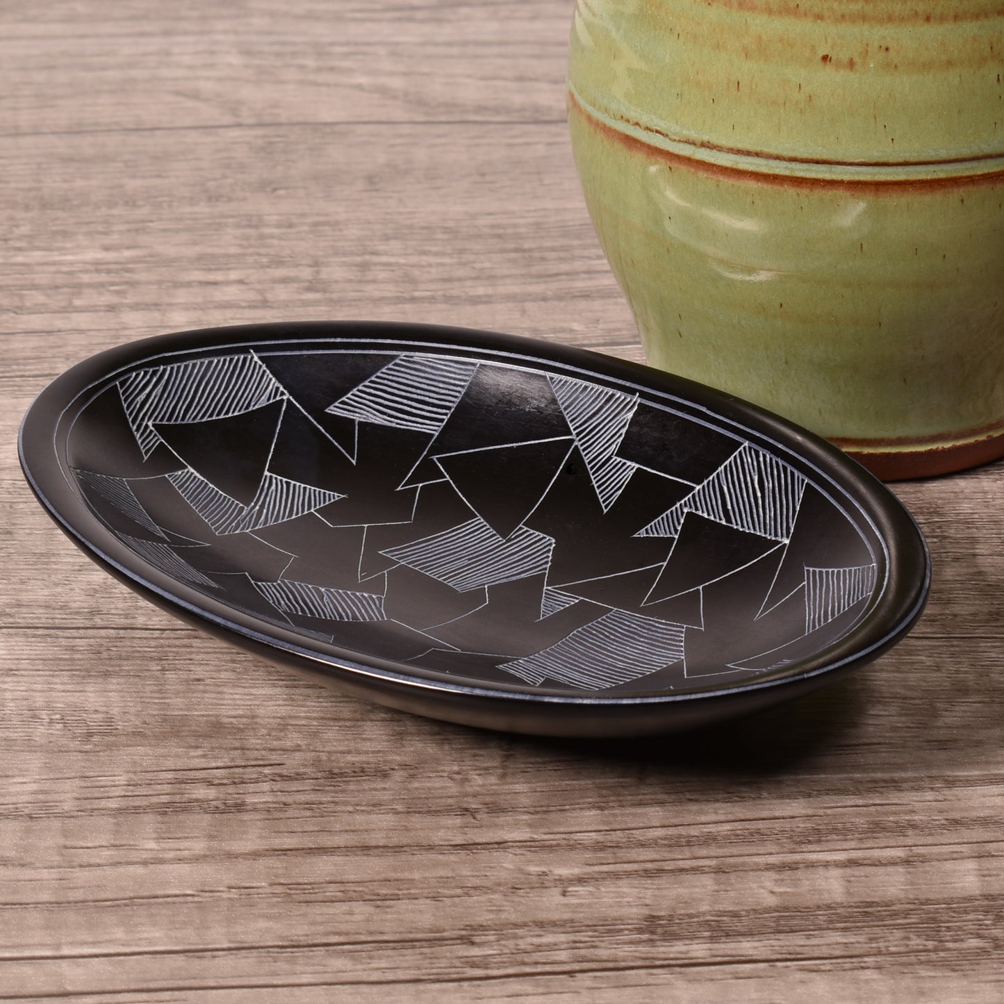 Dragonglass Pattern 5-3/4-inch Oval Soapstone Dish, Handmade in Kenya, Black