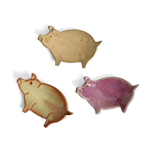 MudWorks Pottery Pig Tea Bag Coasters Trinket Plates, Set of 3