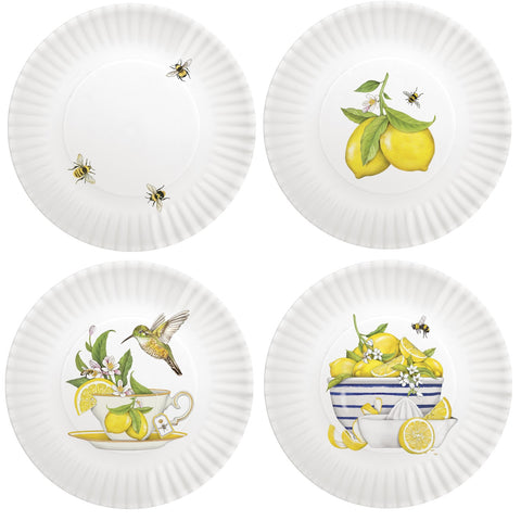 Mary Lake-Thompson Lemon & Bees 7-1/2" Melamine Snack Dessert Appetizer Plates, Set of 4