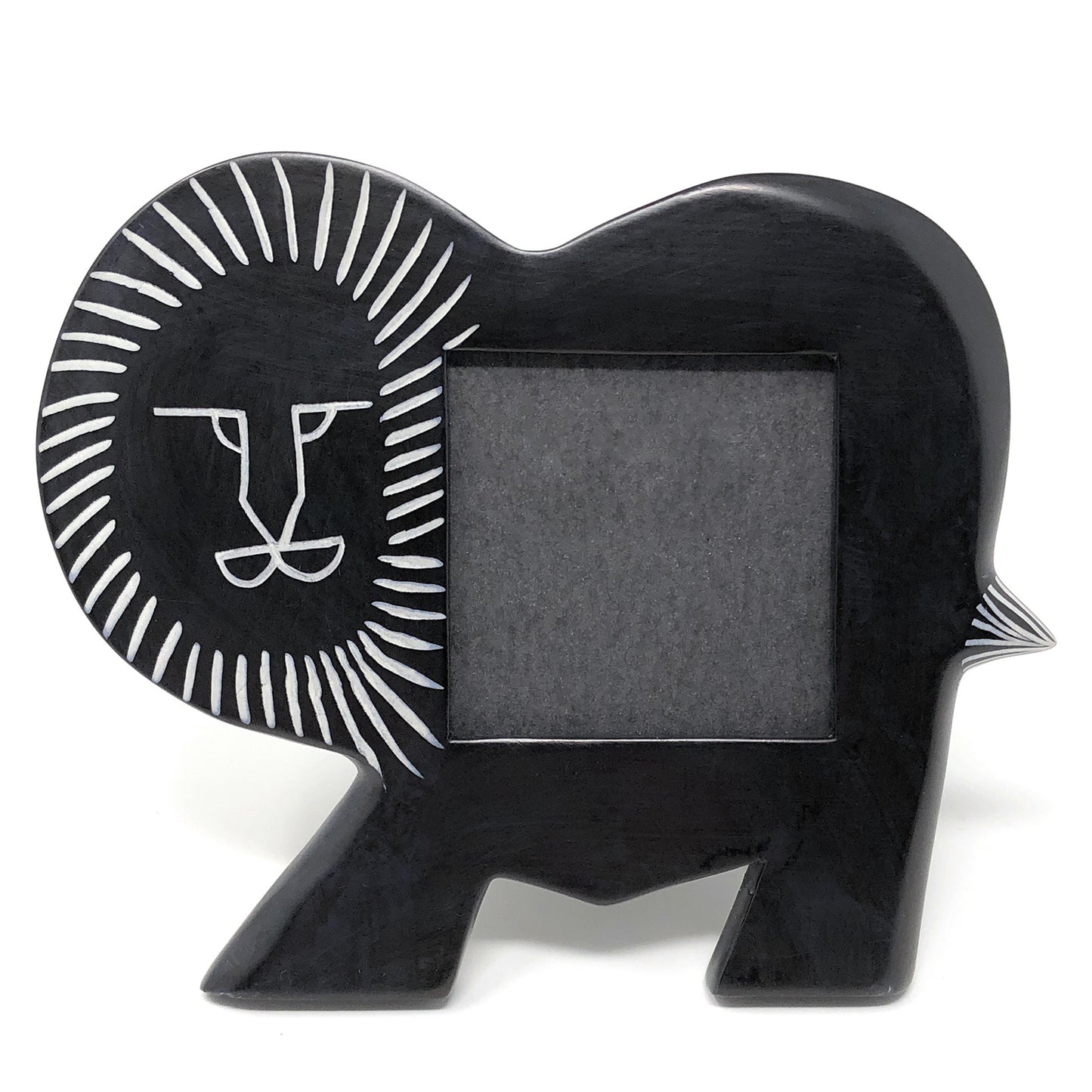 Handmade African Soapstone Lion 2.25 x 2.25 Picture Frame, Black/White