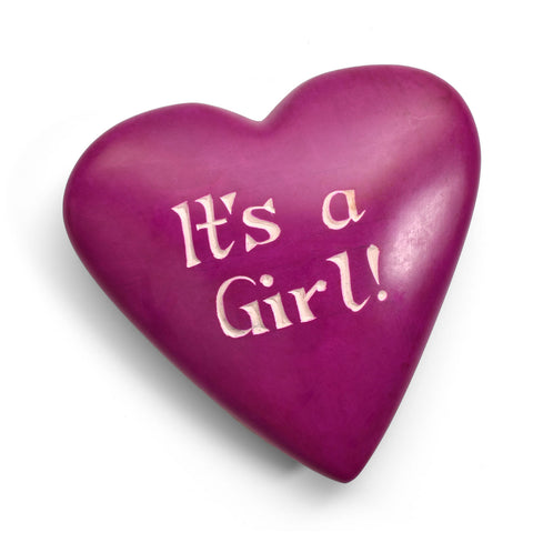 It's a Girl Celebration Heart Soapstone Paperweight, Pink, Handmade in Kenya