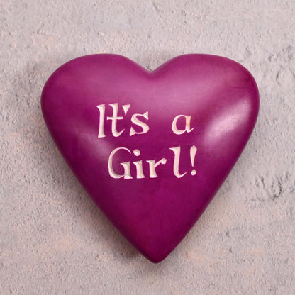 It's a Girl Celebration Heart Soapstone Paperweight, Pink, Handmade in Kenya