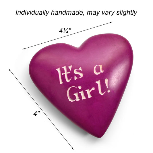 It's a Girl Celebration Heart Soapstone Paperweight, Pink, Handmade in Kenya