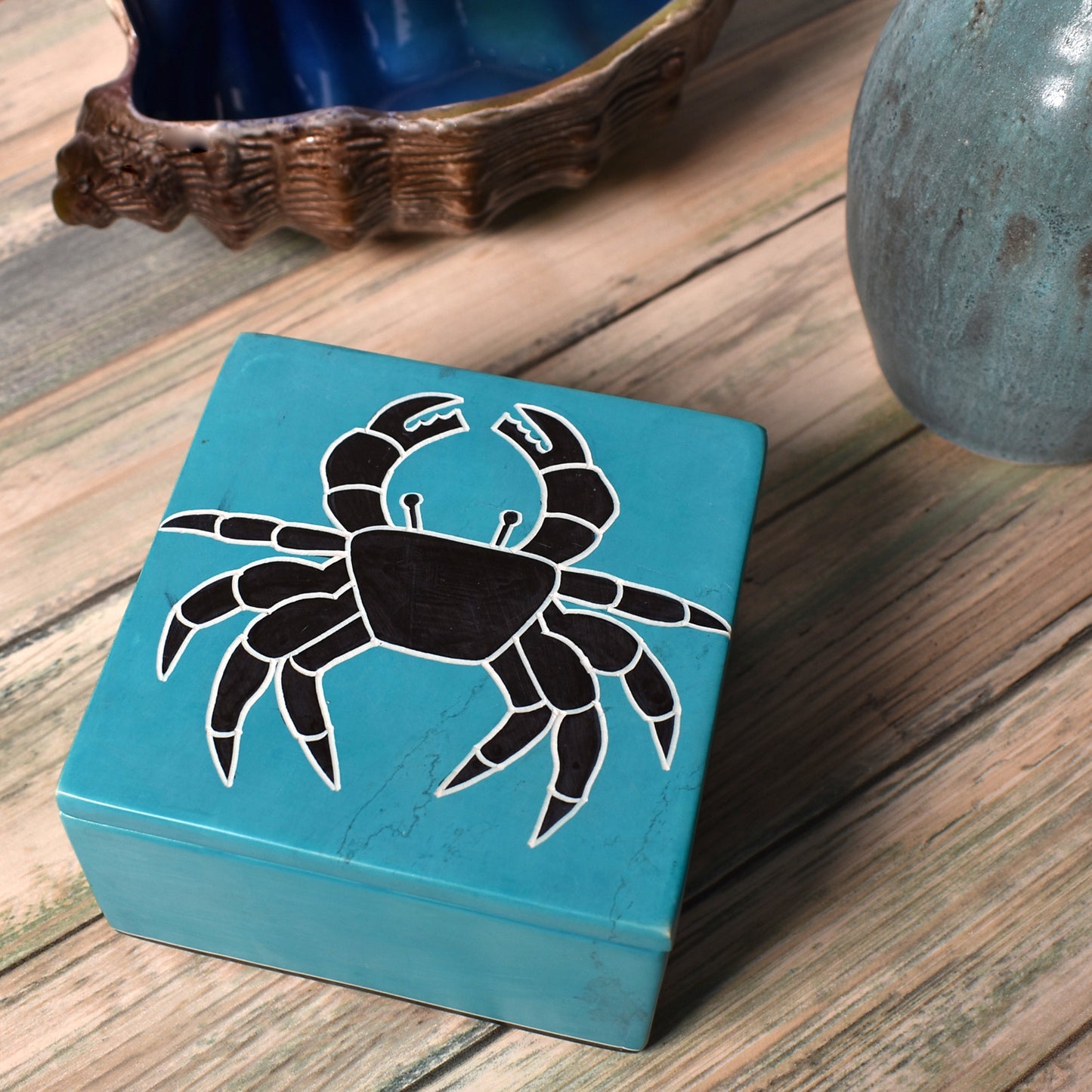 Crab Handcrafted African Soapstone 4 x 4-inch Decorative Box, Aqua Blue