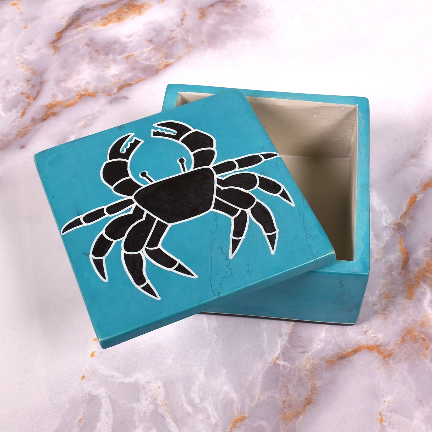 Crab Handcrafted African Soapstone 4 x 4-inch Decorative Box, Aqua Blue