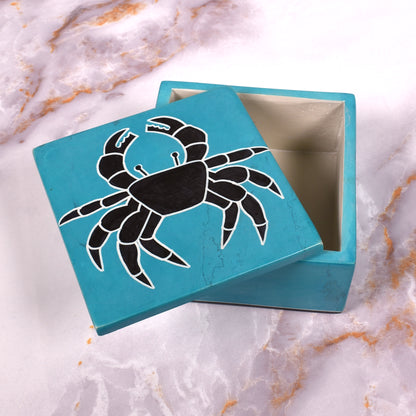 Crab Handcrafted African Soapstone 4 x 4-inch Decorative Box, Aqua Blue