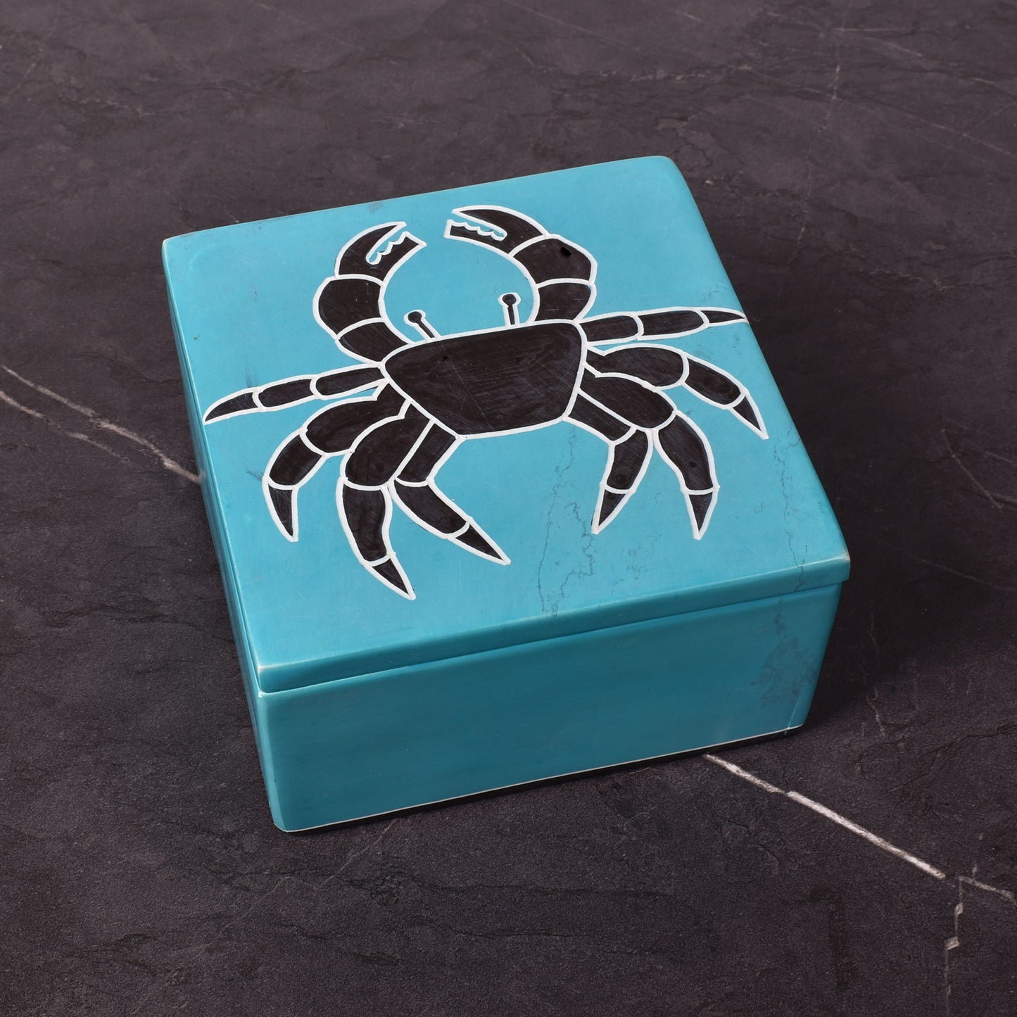 Crab Handcrafted African Soapstone 4 x 4-inch Decorative Box, Aqua Blue