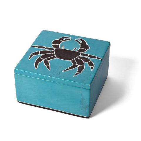 Crab Handcrafted African Soapstone 4 x 4-inch Decorative Box, Aqua Blue