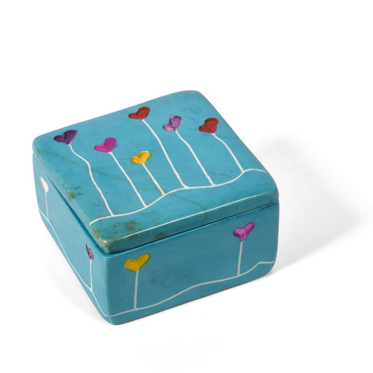 Heart Garden Handcrafted African Soapstone 2 x 2-inch Trinket Box, Aqua Blue