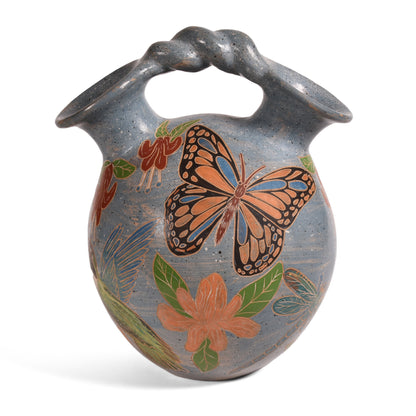 Nicaraguan Pottery 8-inch Garden Life Pledge Pot, Blue/Multi
