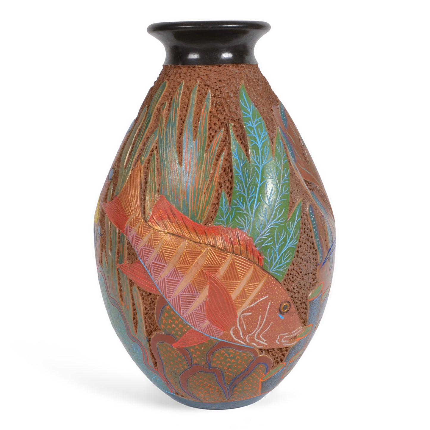 Nicaraguan Pottery Sea Life 8-inch Carved Dimpled Vase
