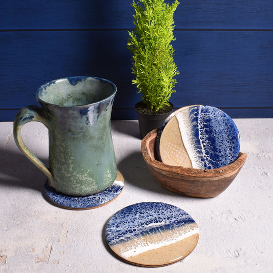 Sea Lion Studio Ocean Wave 4-piece Coaster Set, Deep Ocean Blue, Handmade in the USA