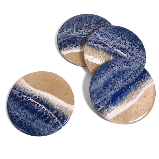 Sea Lion Studio Ocean Wave 4-piece Coaster Set, Deep Ocean Blue, Handmade in the USA