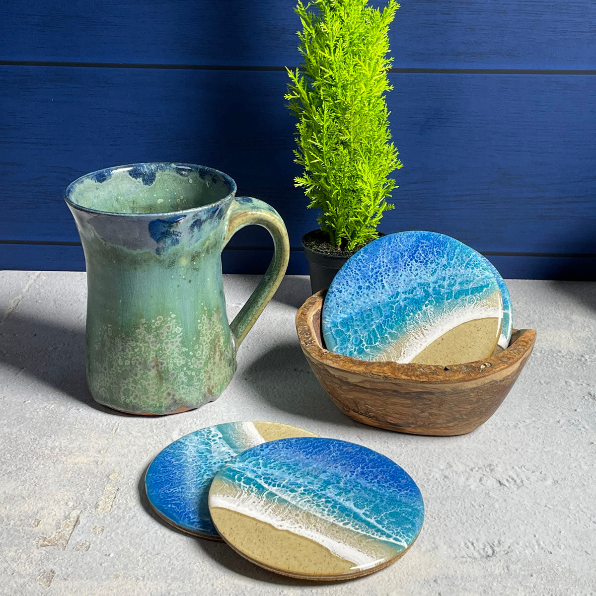 Sea Lion Studio Ocean Wave 4-piece Coaster Set, Tropica Blue, Handmade in the USA