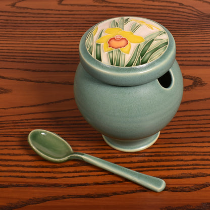 One Acre Ceramics Daffodil Sugar Bowl with Spoon, Handmade American Pottery, Green