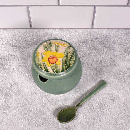 One Acre Ceramics Daffodil Sugar Bowl with Spoon, Handmade American Pottery, Green