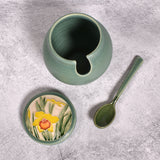 One Acre Ceramics Daffodil Sugar Bowl with Spoon, Handmade American Pottery, Green