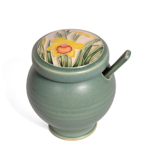 One Acre Ceramics Daffodil Sugar Bowl with Spoon, Handmade American Pottery, Green