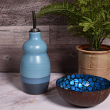 One Acre Ceramics Striped Glaze Oil Bottle, Handmade American Pottery, Turquoise/Dark Blue