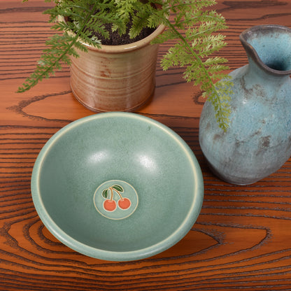 One Acre Ceramics 6-inch Small Bowl with Cherry Motif, Handmade American Pottery, Green