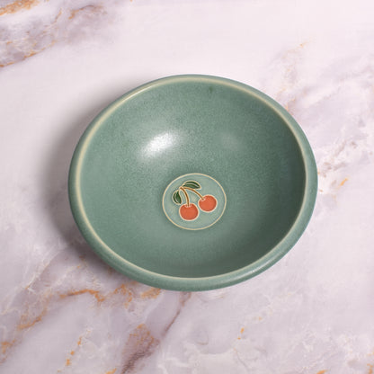 One Acre Ceramics 6-inch Small Bowl with Cherry Motif, Handmade American Pottery, Green