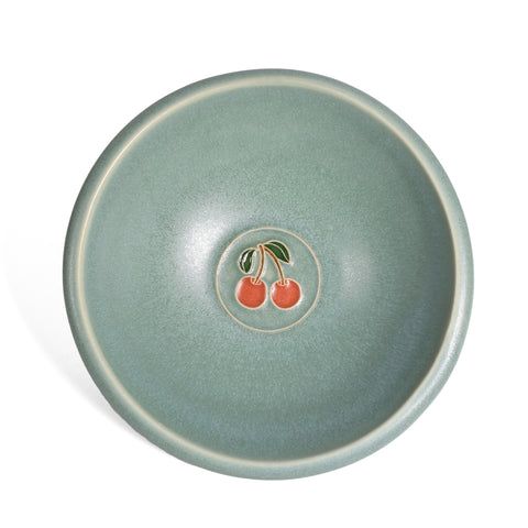 One Acre Ceramics 6-inch Small Bowl with Cherry Motif, Handmade American Pottery, Green