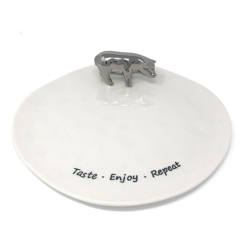 Pampa Bay Taste, Enjoy, Repeat 10-inch Porcelain Platter with Silver Pig