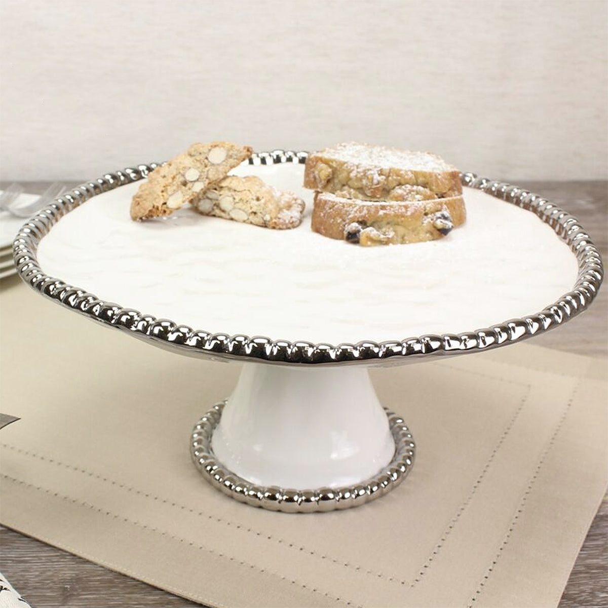 Pampa Bay Salerno Titanium-Plated Porcelain 11-inch Round Cake Stand, White/Silver