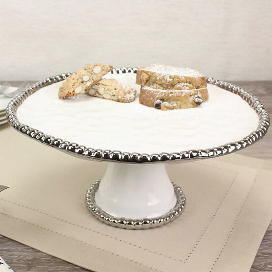 Pampa Bay Salerno Titanium-Plated Porcelain 11-inch Round Cake Stand, White/Silver