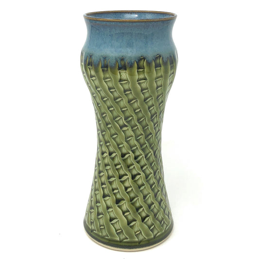 Plays in Mud Pottery 8-inch Amphora Vase with Bamboo Pattern, Green/Blue